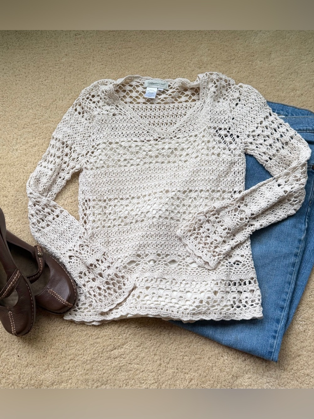 Coldwater Creek Beige Crochet Sweater Top w/ Attached Tank Shell - Size S - *GUC